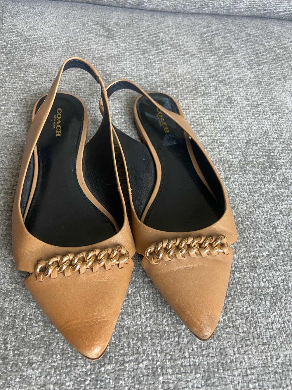 Coach Tan Leather Pointed Slingback Flats with Gold Chain